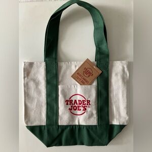 NWT Trader Joe’s Mini White Canvas Tote Green Straps Embroidered Red Logo Bag